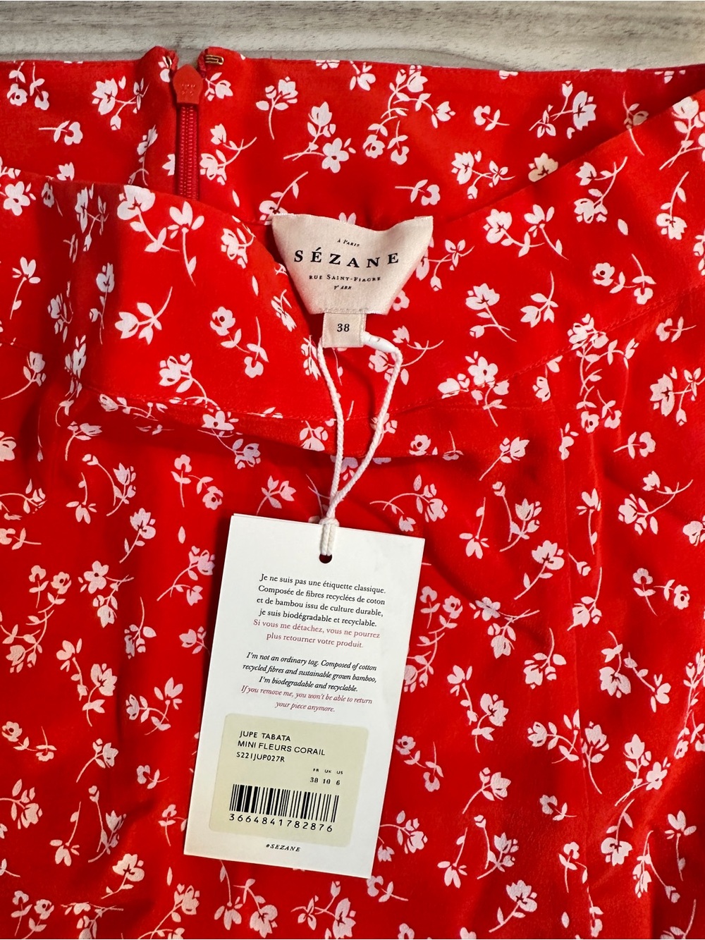 NWT SEZANE Tabata Skirt in Coral Flowers, Red Floral Midi Skirt with Side Slit - Picture 4 of 6